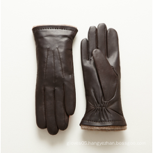 2016 new product ladies warm dark brown goat leather gloves with wool lining